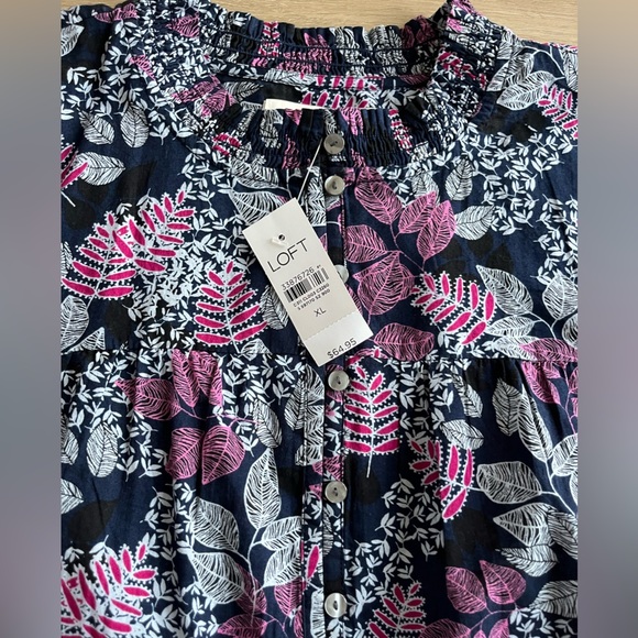 NWT Loft Leafed Smocked Button Blouse Cotton Size XL - Picture 4 of 12